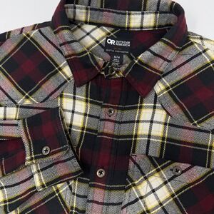Outdoor Research Feedback Flannel Mens Medium Plaid Shirt Burgundy Black Western